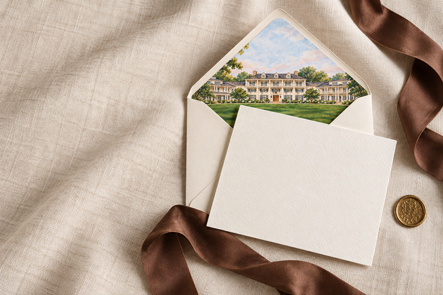 An ivory wedding invitation with a Montage watercolor envelope liner, silk ribbon and antique gold seal